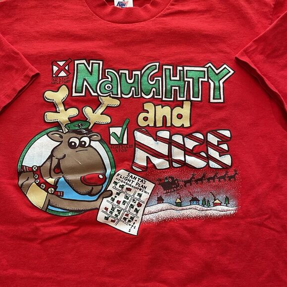 Vtg Naughty and Nice Christmas Shirt Men XL Short Sleeve 90s - Picture 3 of 8